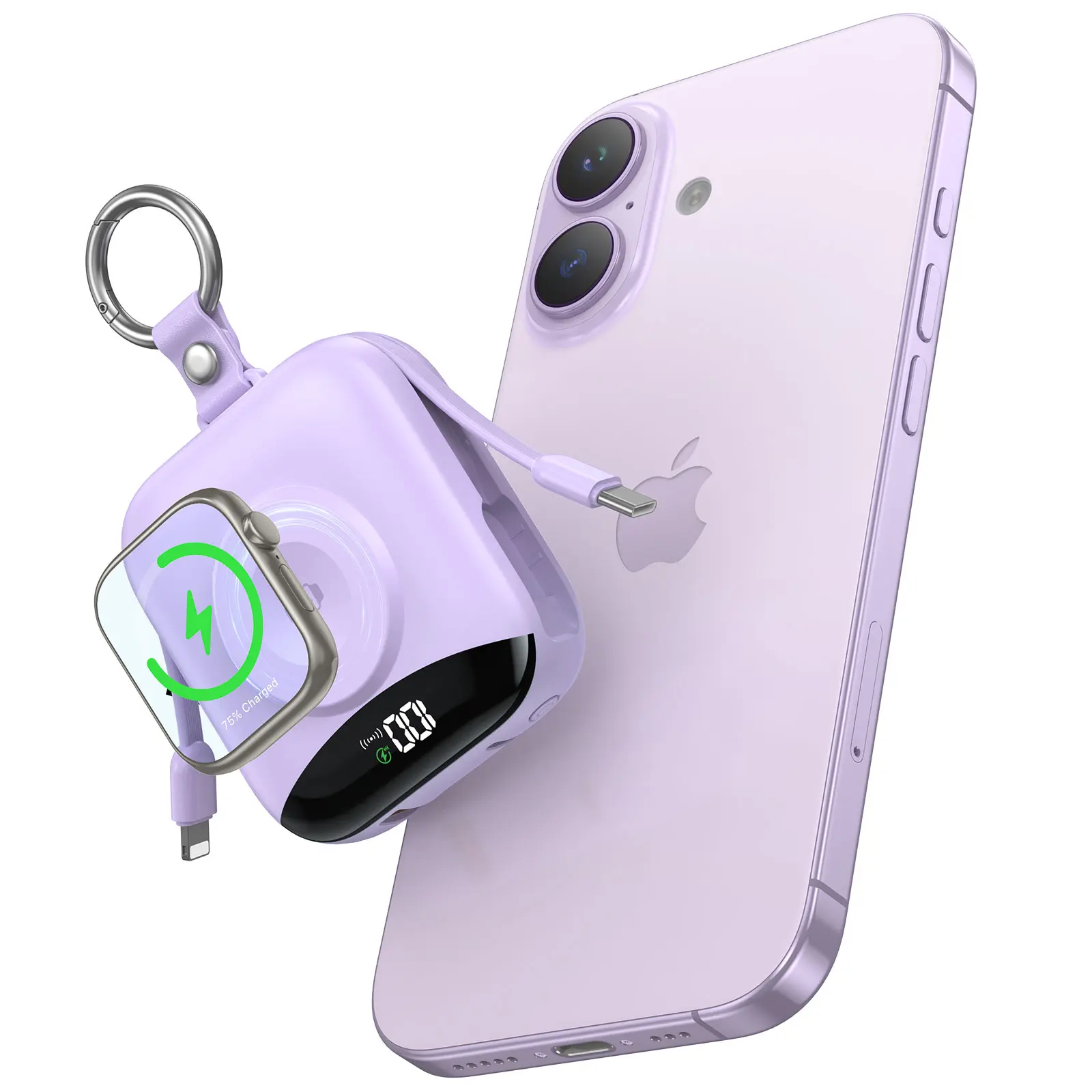 Diamuar 10000mAh Power Bank for Apple Watch Wireless Charger with Built-in Lightning & Type-C Cables LED Display Compact Keychain Portable Charger for iPhone Samsung Fast Charging summerwins