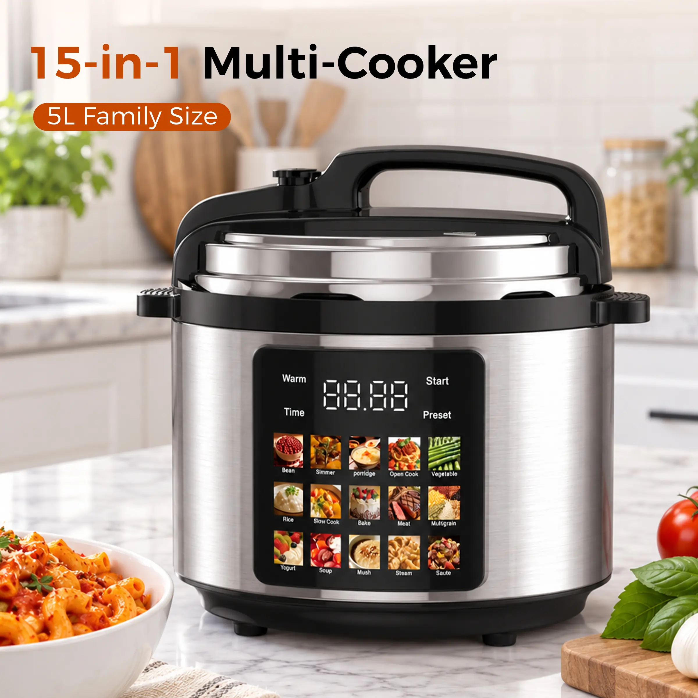 Electric Pressure Cooker, 5L/5.3QT 15-in-1 Multi-Cooker with Preset Timer