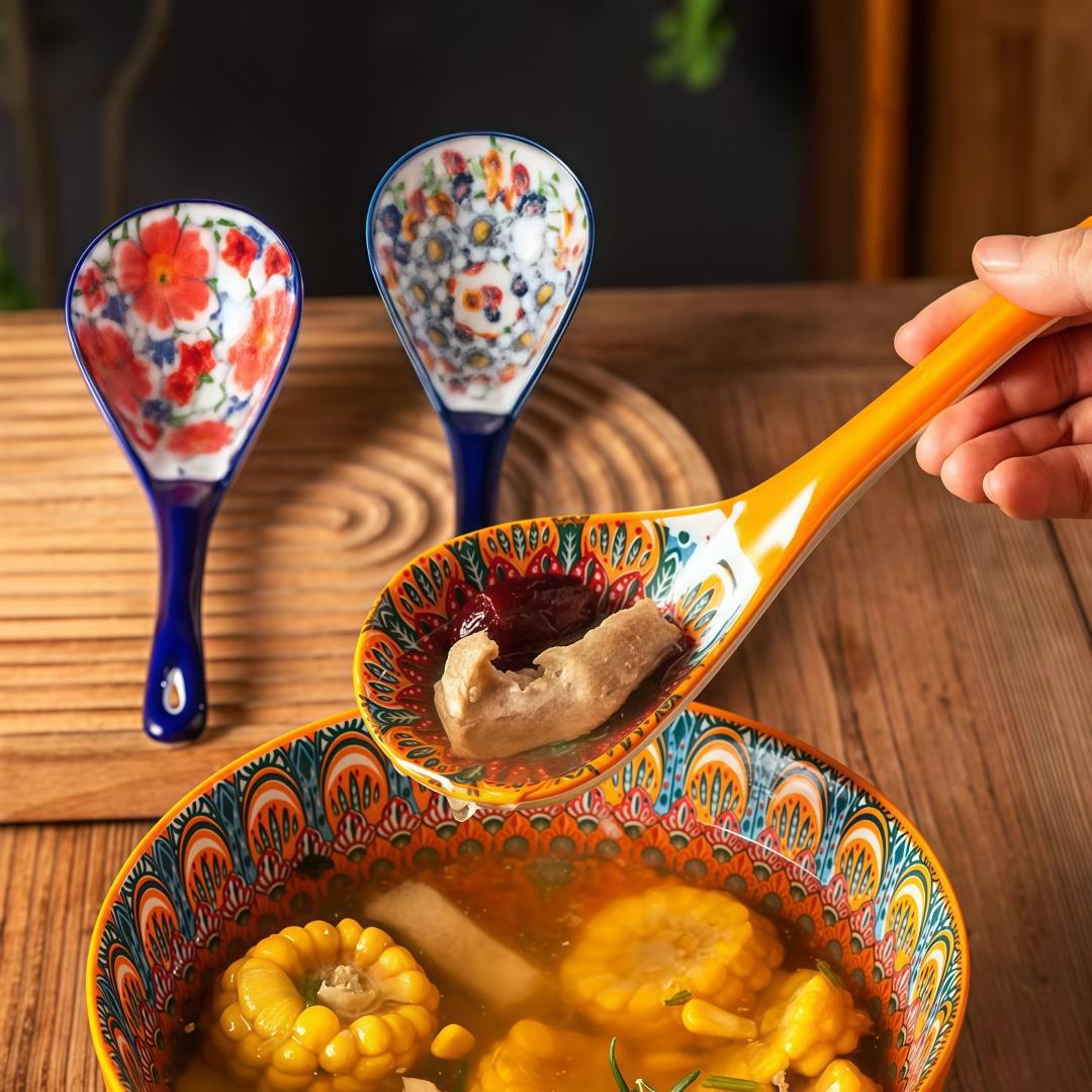 nonstick cooking spoon，3-piece set of ceramic large soup spoons, Bohemian-patterned dinnerware set, suitable for cooking, kitchen dinnerware set, dishwasher safe, extra-large miso soup spoon, large soup ladle, ramen spoon Cutlery