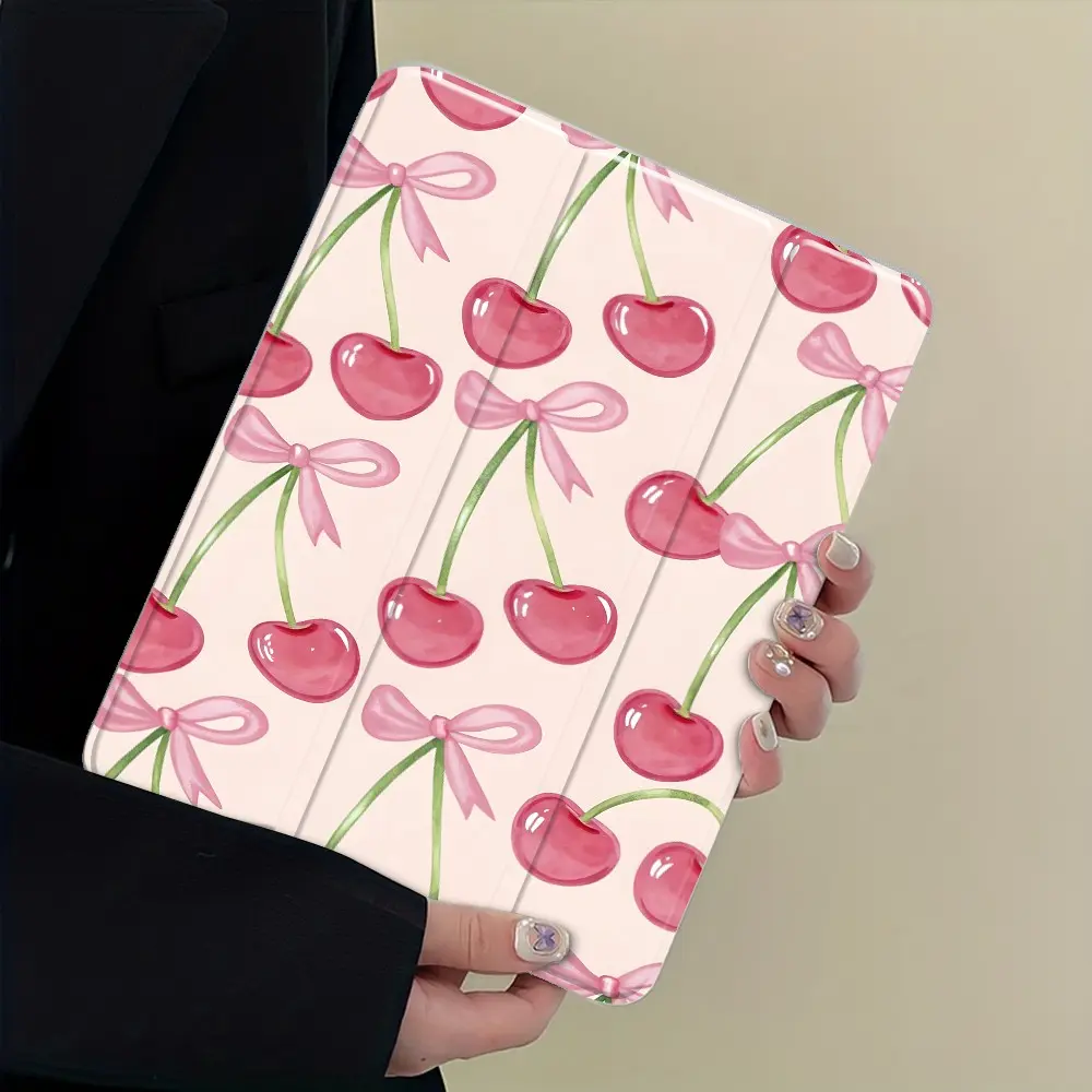 Pink Watercolor Cherry Bow Design Three-Tier Stand iPad Case, Tablet, Transparent Acrylic Hard Back, Pencil Slot & Charger Port, Fits iPad 7.9/8.3/10.2/10.5/10.9/11/12.9 inch, Shock-resistant Full Cover Protective Case Suitable for Offices Schools Homes