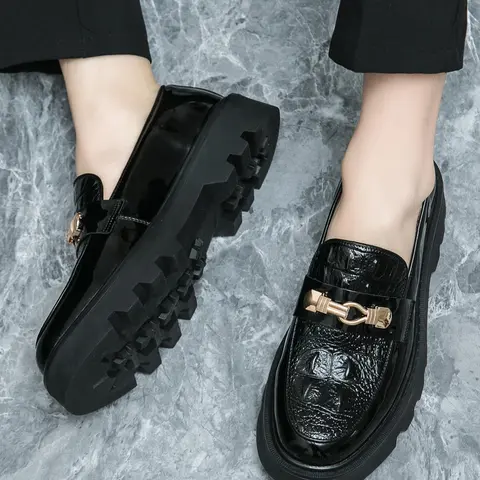Men's PU Leather Formal Shoes, Round Toe, Medium Width, Casual Style, All Seasons, Plain Pattern, Thick Sole, Slip-On Design, PU Leather Loafers