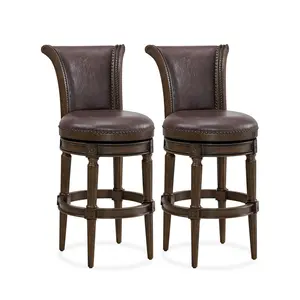 ROME + OAK Runyan Bar Stool, Dark Walnut & Vintage Brown Vegan Leather, Set of 2