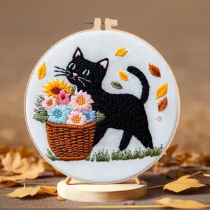 Flower Cat Pattern Embroidery Design Kit 1 Set Embroidery Starter Kit with Instructions, DIY Embroidery Supplies for Beginners