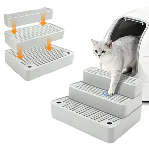Adjustable 3 Steps Cat Ramp for Litter Box, Detachable Cat Pedal Step Stool with Filter Function, Double Layered Cats Litter Trapper, Suitable for Small&Elderly Cats, Non-Slip(Grey)