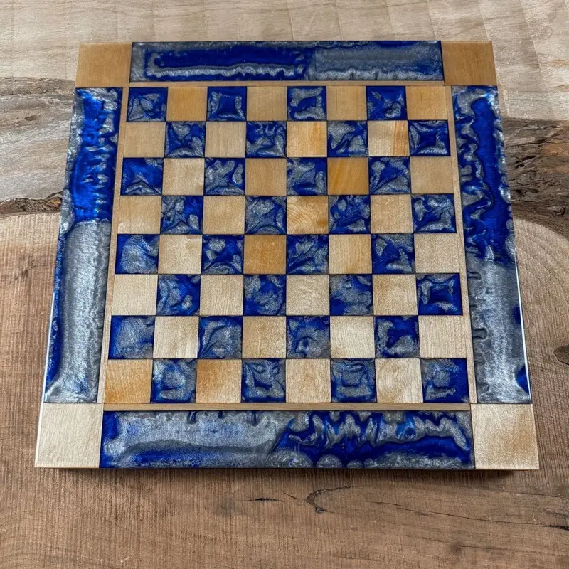 Deep Blue Silver Maple Wood Chess Board (PIECES INCLUDED)