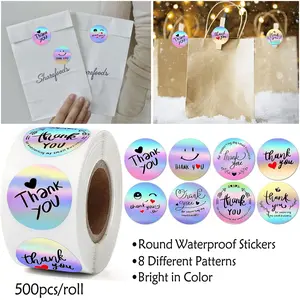 500pcs/Roll Holographic Thank You Stickers, Round Waterproof Self-Adhesive Labels, Bright Colors, Ideal for Sealing and Decorating Gift Bags, Gift Boxes, Envelopes, Baking Packaging, Handmade Products & Party Decor
