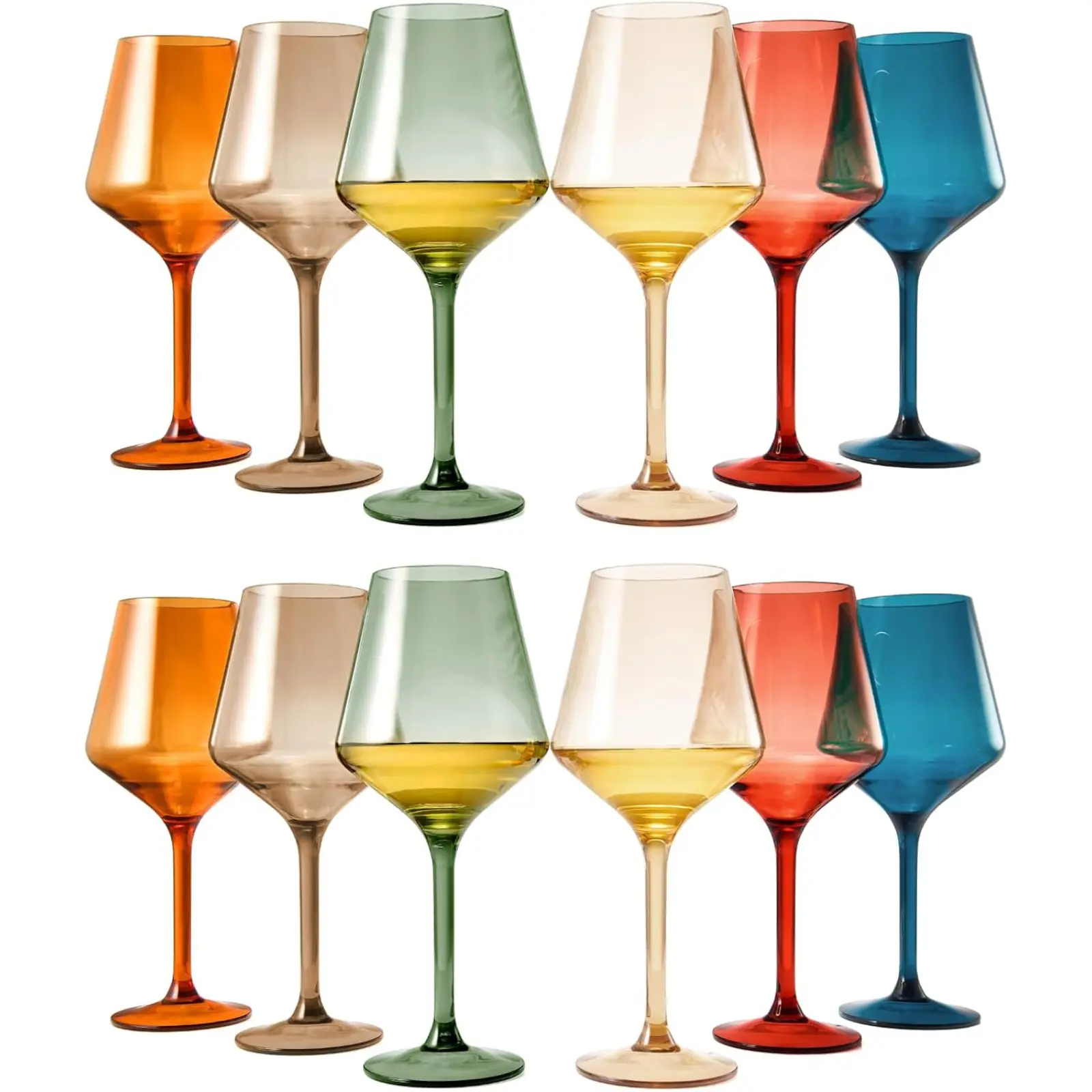 European Style Plastic Crystal Unbreakable Stemmed Wine Glasses | Set of 12 | Acrylic Tritan Pastel Color Shatterproof BPA-Free, Outdoor, Pool, Indoor, Hand Wash 17oz Gift, Everyday & Holiday