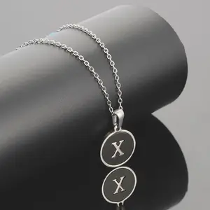 LN010:Stainless Steel Initial Necklace,Letter Detail Round Pendant Necklace For Women and Men