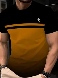 Men's 3D Lightning Print T-Shirt, Vibrant Stripes, Breathable Moisture-Wicking Fabric, Casual Fitted Short Sleeve Round Neck Top, Menswear