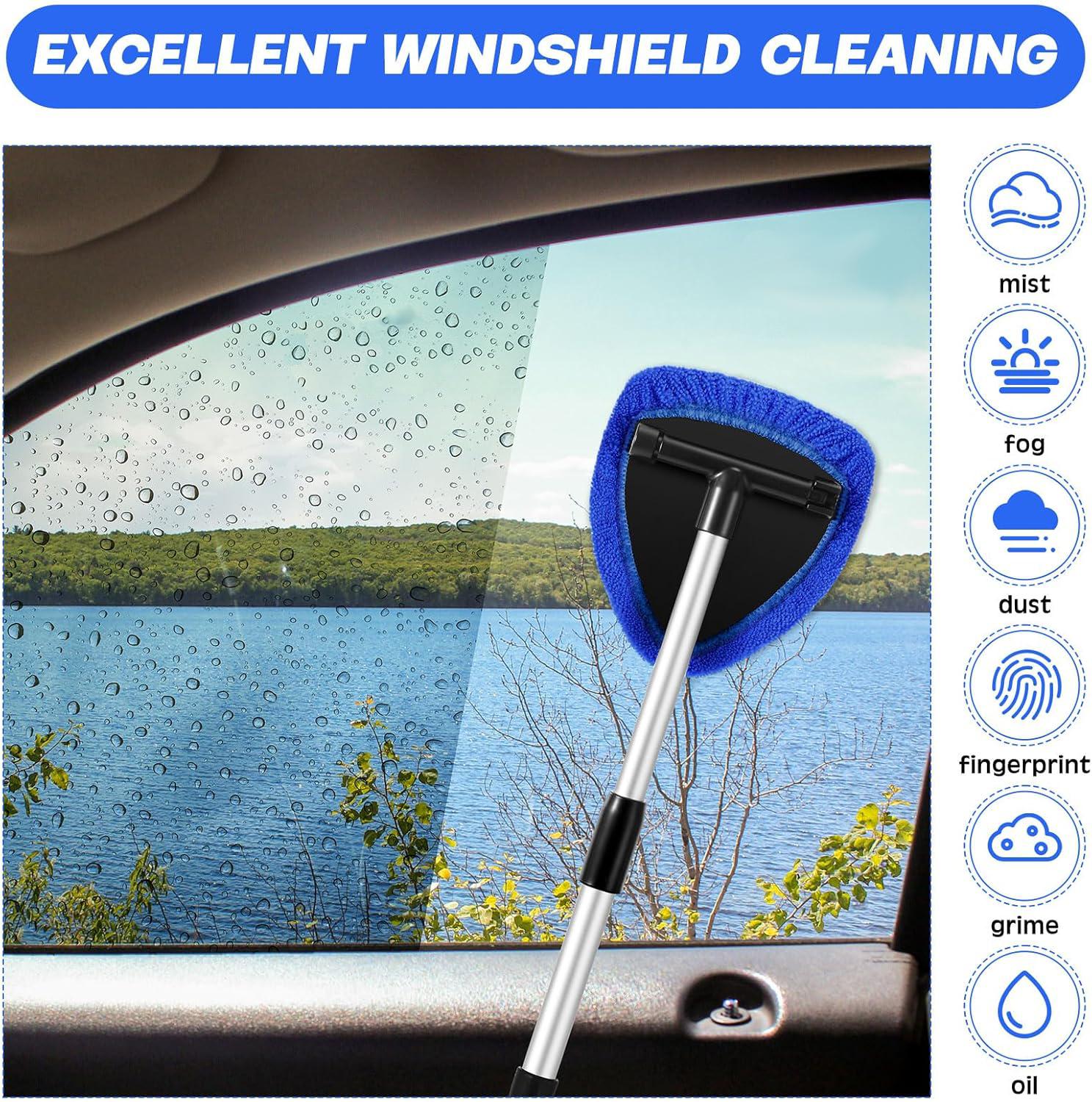 Windshield Cleaning Tool, Microfiber Car Window Cleaning Tool with 4 Reusable,Washable Microfiber Pads,Extendable Handle,Auto Interior Exterior Glass Wiper Car Glass Cleaner Kit,Car Cleaning Supplies