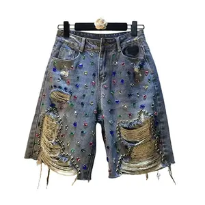 Men's Shorts, 2026 Summer New European Style Heavy-duty Diamond-embellished Beaded High-waisted Slim-fit Ripped Straight-cut Five-point Pants Casual Streetwear Mid-length Trousers