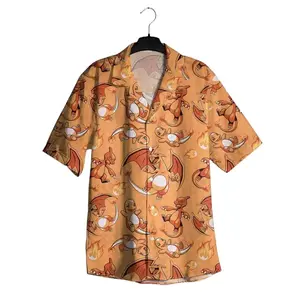 PKM Hawaiian Shirt Shorts Set, Evolution Dragon Fire Anime Aloha Shirt, Unisex Flame Wing Flight Summer Beach Wear Holiday Manga Gifts Suit