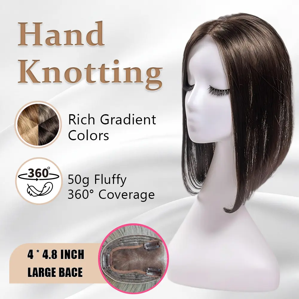 EC 50g Fluffy Hair Topper for Thinning Hair | 14-inch Free Parting Straight Hairpiece with 3 Anti-Slip Clips | 4×4.8In Hand Knotting Lace | 3D 360° Full Coverage Breathable Base for Grey Root Coverage & Natural Volume for Casual, Work, Classy Daily Wear