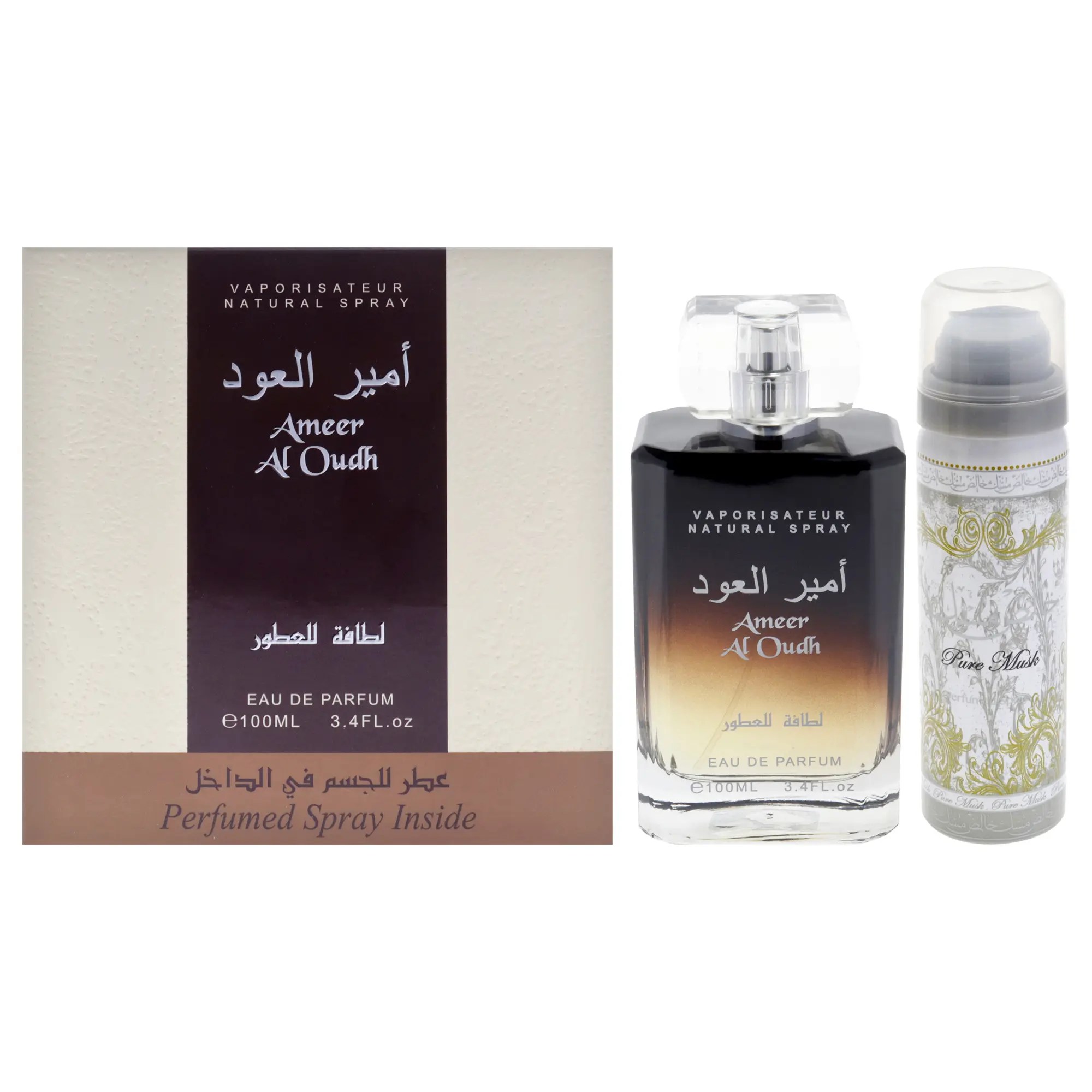 Ameer Al Oudh Arabian Perfume Boxed Unisex Fragrance by Lattafa - 2-Piece Gift Box Set (Spray and Refill Set), 3.4oz EDP, 2.5oz Perfumed Spray, Two Piece Set