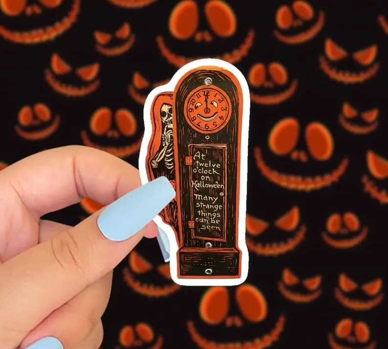 Retro Skeleton Halloween Sticker, Pumpkin Clock Sticker, Halloween Gift, Skeleton Decals
