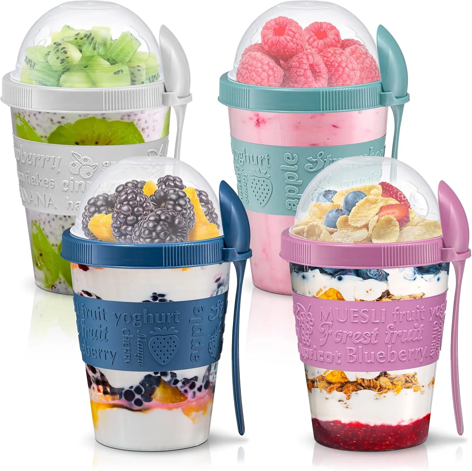 Tribello 4 Pack Yogurt Parfait Cups with Topping Compartment & Spoon for Breakfast Meal Prep, Reusable & Leak Proof- BPA Free - 20oz
