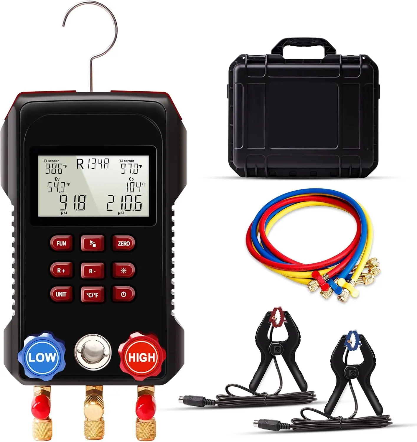 AMF-300 Digital Manifold Gauges HVAC with 3000psi Hoses, 2 Wired Temperature Clamp Probes, AC Gauge for Automotive HVAC System HVAC Tools Kit R134a R22 R12 R502 With Tool Box, Hvac Tool Set Vehicle
