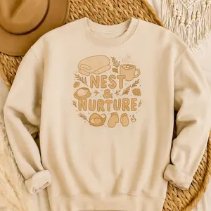 Nest & Nurture crewneck | cozy home, bread and tea illustration