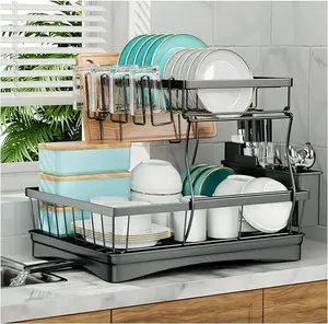 Large Dish Drying Rack for Kitchen,Stainless Steel Dish Rack for Kitchen Counter,Detachable Large Capacity Dish Drainer Organizer with Utensil Holder, 2-Tier Dish Drying Rack with Drain Board, Black