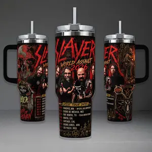 Slayer Tumbler, World Assault 2026 Tour 40oz Cup with Handle & 20oz Travel Mug. Thrash Metal Music Fan Gift, Slayer Inspired Insulated Tumbler Featuring Epic South of Heaven Graphic.