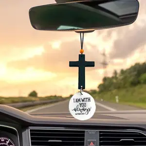 Daily Bible Verse Rearview Mirror Cross Ornament – Daily Scripture Car Charm Hanging Cross for Car with “I Am with You Always” Medallion Car Accessories Car Decoration Automotive Decoration
