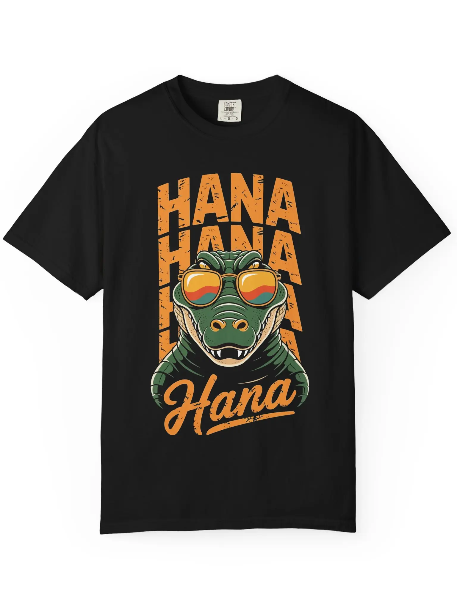 Retro Cool Alligator with Sunglasses Graphic T-Shirt, Vintage Hana Repeat Typography Tee, Funny Cartoon Reptile Streetwear Top, Unisex Casual Summer Short Sleeve Shirt for Men and Women,Men's,Grunge,belle,tshirt