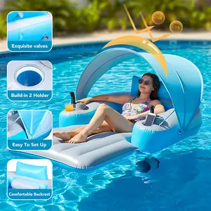 Pool Lounge Float with Canopy，Extra Large Pool Floats for Adults Heavy Duty ，Rechargeable Motorized Floats with Cup Holder – Dual Motor Heavy Duty Electric Lounger Raft for Adults, Pool, Lake & Party