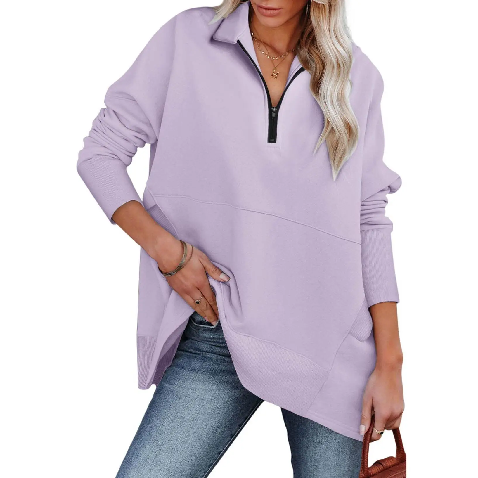 DOKOTOO Women's Casual Oversized Half Zip Sweatshirts Long Sleeve Solid Color Pullover Jackets with Pockets Lightweight Soft Material Minimalist Style