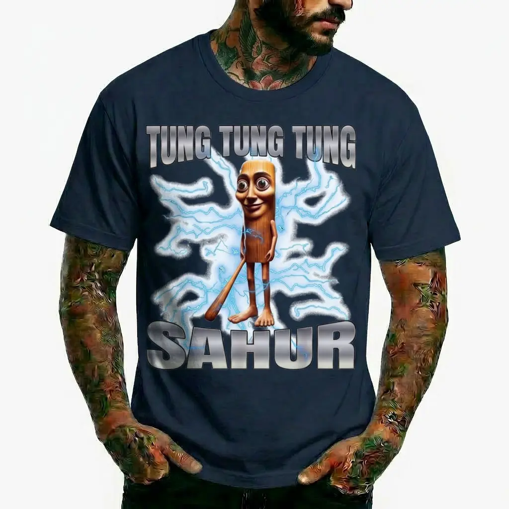Tung Tung Tung Sahur Graphic T-Shirt Funny Ramadan Fasting Muslim Humor Weirdcore Cursed Image Meme 90s Bootleg Rap Tee Unhinged Casual Shirt Oversized Fitted Apparel