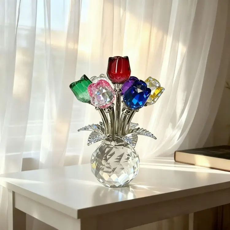 Crystal Tulip Vase with Colorful Glass Flowers for Home Decor