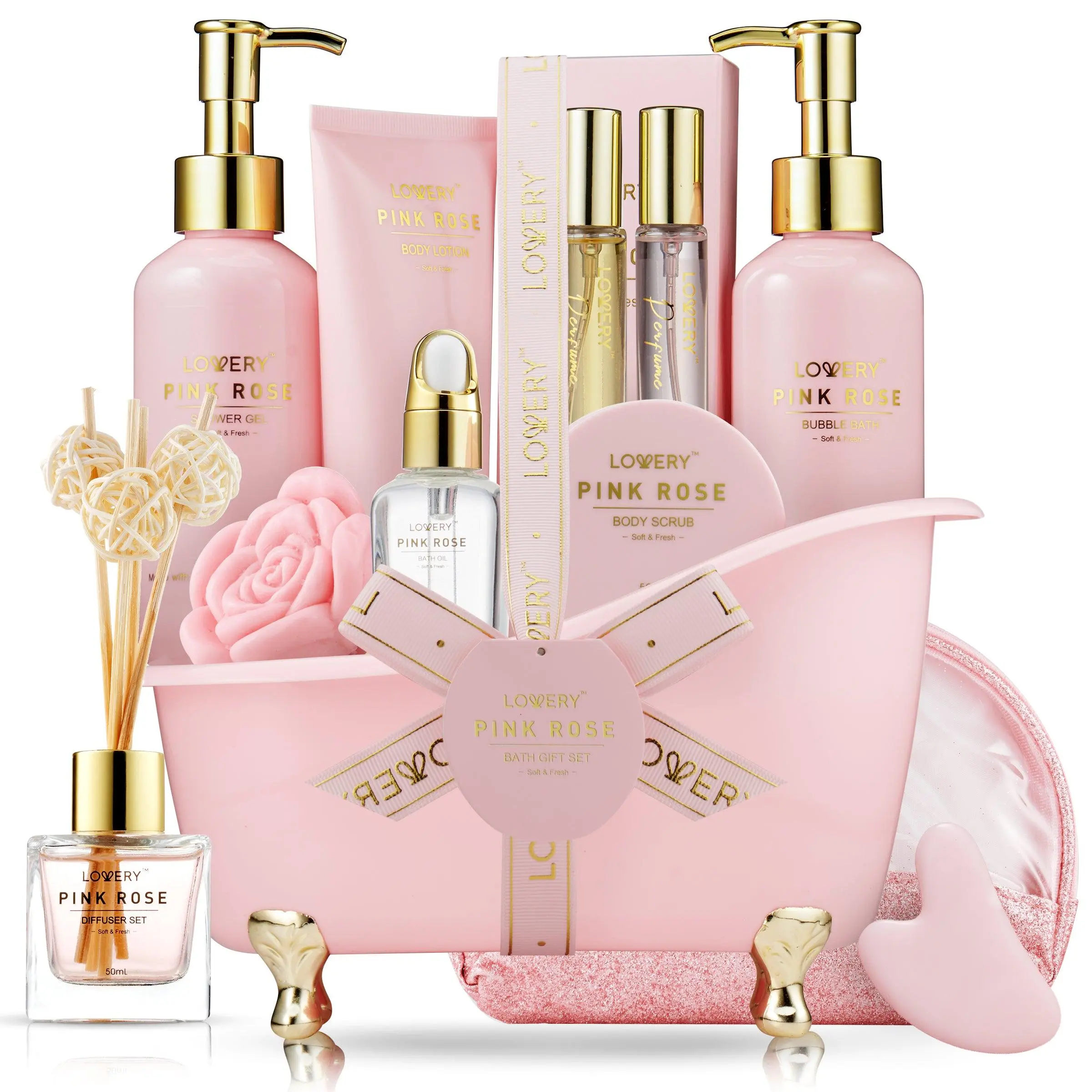 Luxe Pink Rose Bath and Body Set - 18Pc Birthday Gifts Spa Kit Soothing Comfort