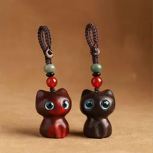 Cute Anime Cat Keychain For Women Men Mobile Phone Bag Chain Wooden Pendant Beads Creative Handmade Jewelry Accessories