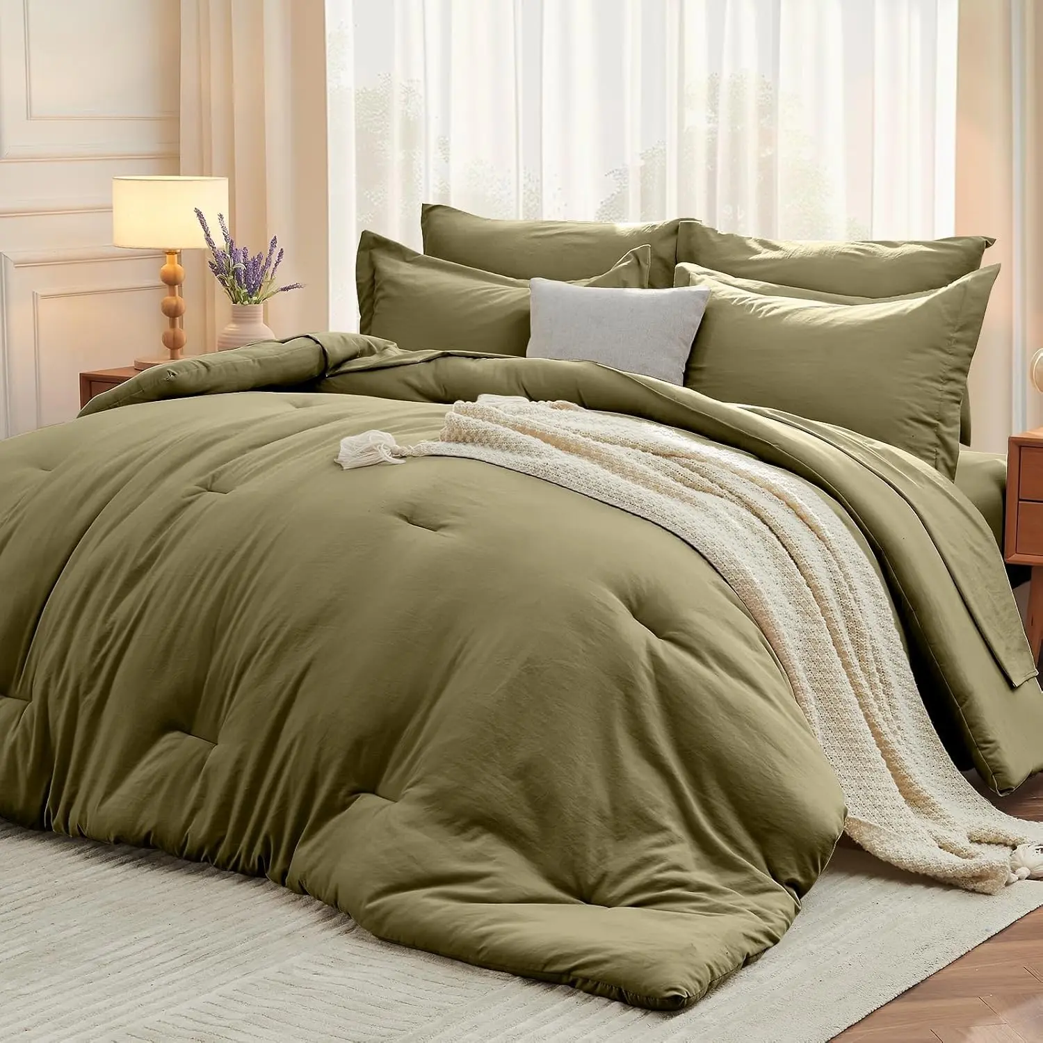 MUXHOMO 7-Piece Queen Brushed Fabric Bedding Set, Cozy Sleep Year-Round Bed in a Bag with Comforter, Flat Sheet, Fitted Sheet, Pillowcases & Shams, Olive Green