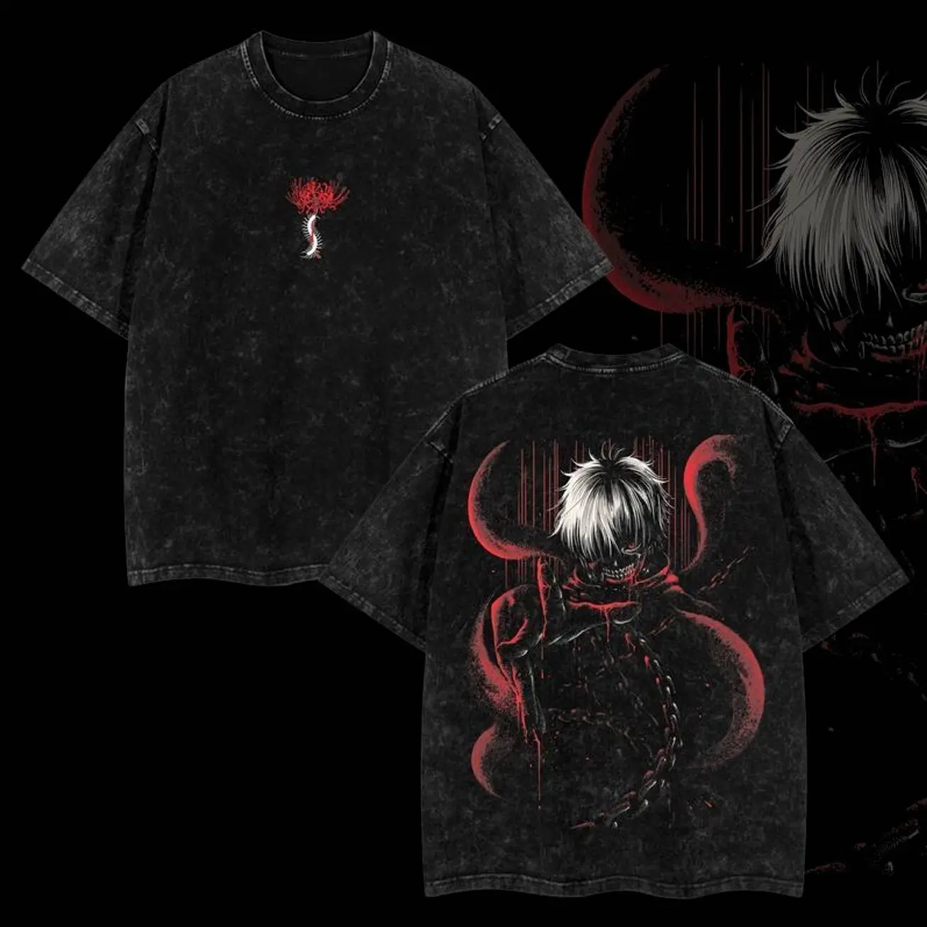 AnimeX V2 "Kaneki Ken Red Spider Lily Centipede" Tokyo Ghoul Retro Vintage Unisex Oversize Anime Manga Acid Washed Lightweight Cotton T-shirt, Anime Merch, Gift For Anime Fan, 93T
