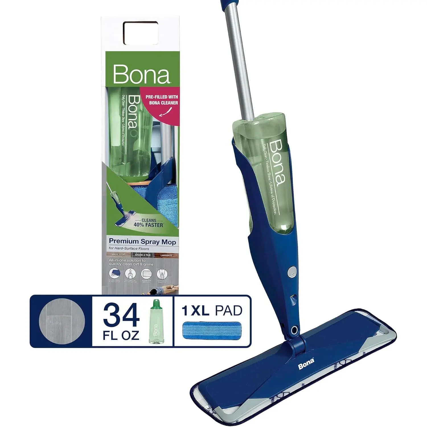 Premium Multi-Surface Floor Spray Mop - Includes Multi-Surface Floor Cleaning Solution 34 fl oz and Machine Washable Microfiber Cleaning Pad - for Stone, Tile, Laminate, and Vinyl Floors