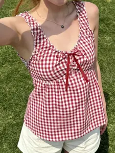 Cute Y2K Bow Tie Backless Vest Top, Plaid Wooden Collar Round Neck Design, Spring Summer Essential A-Line Sleeveless Blouse, Casual Classy Fashion, Casual Trendy Versatile, Casual Blouses