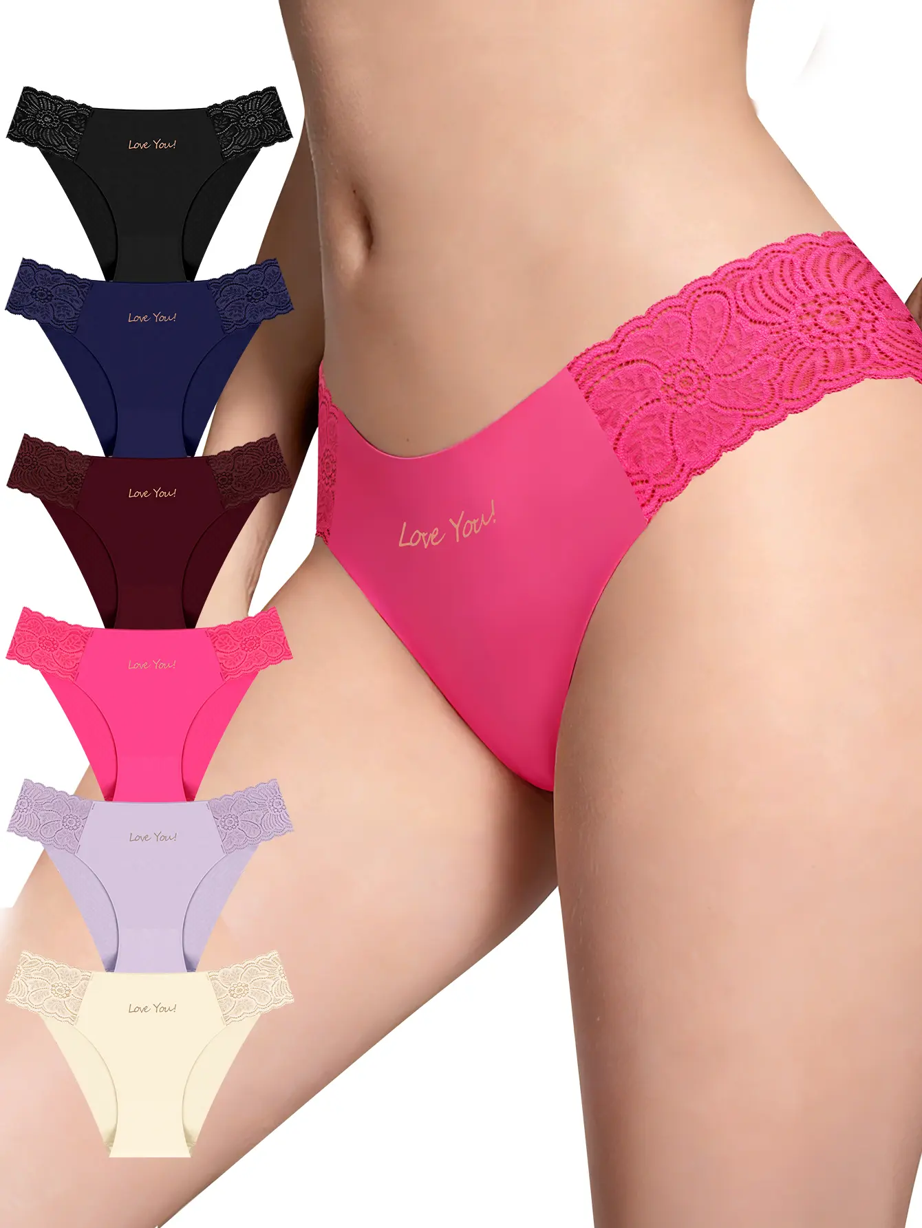 Women's 6-Pack Seamless Low-Waist Intimates Panties - Lace Side, Solid Plain, VPL-Free Laser Cut, Smooth, Invisible, Breathable, Basic Fit Lady Underwear for Everyday Summer Wear, Vpl-Free Cut