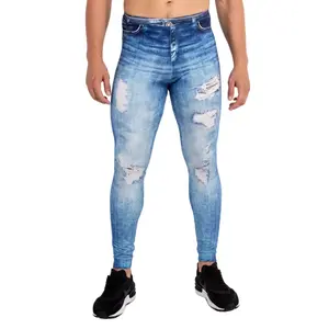 Kapow Meggings Blue Ripped Jean Denim Dan Print Men’s Leggings Breathable 4-Way Stretch for Gym, Yoga, Festival & Workout Activewear Streetwear Pants