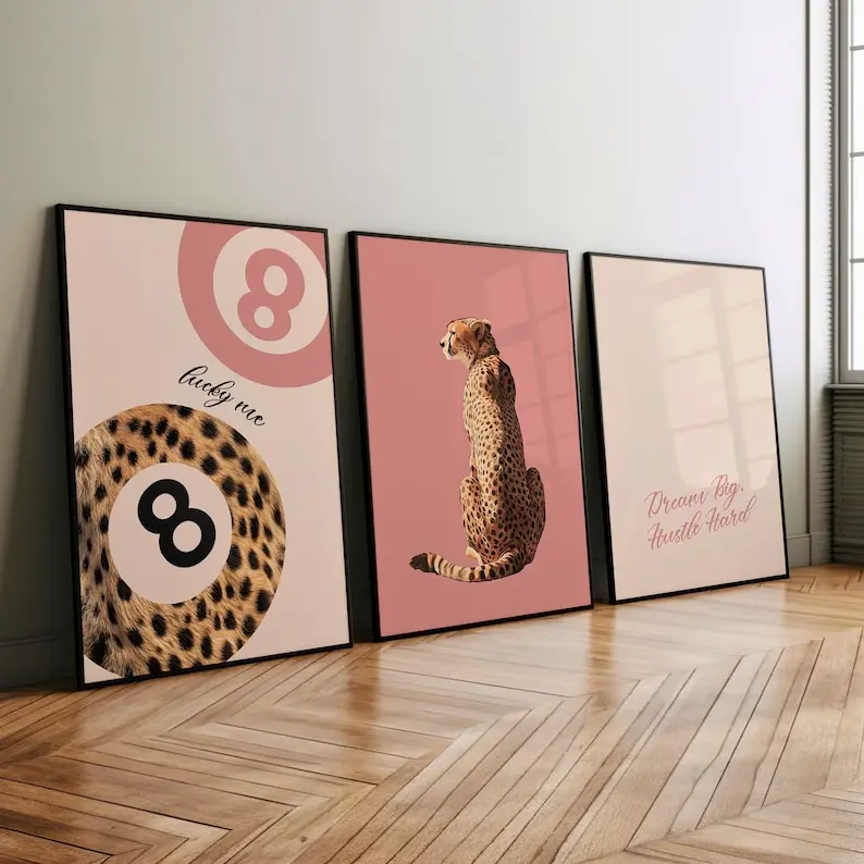 Set Of 3 Prints,Pink Leopard Matchbox Art Prints, 8 ball Lucky You Poster, Dream Big Retro Wall Decor
