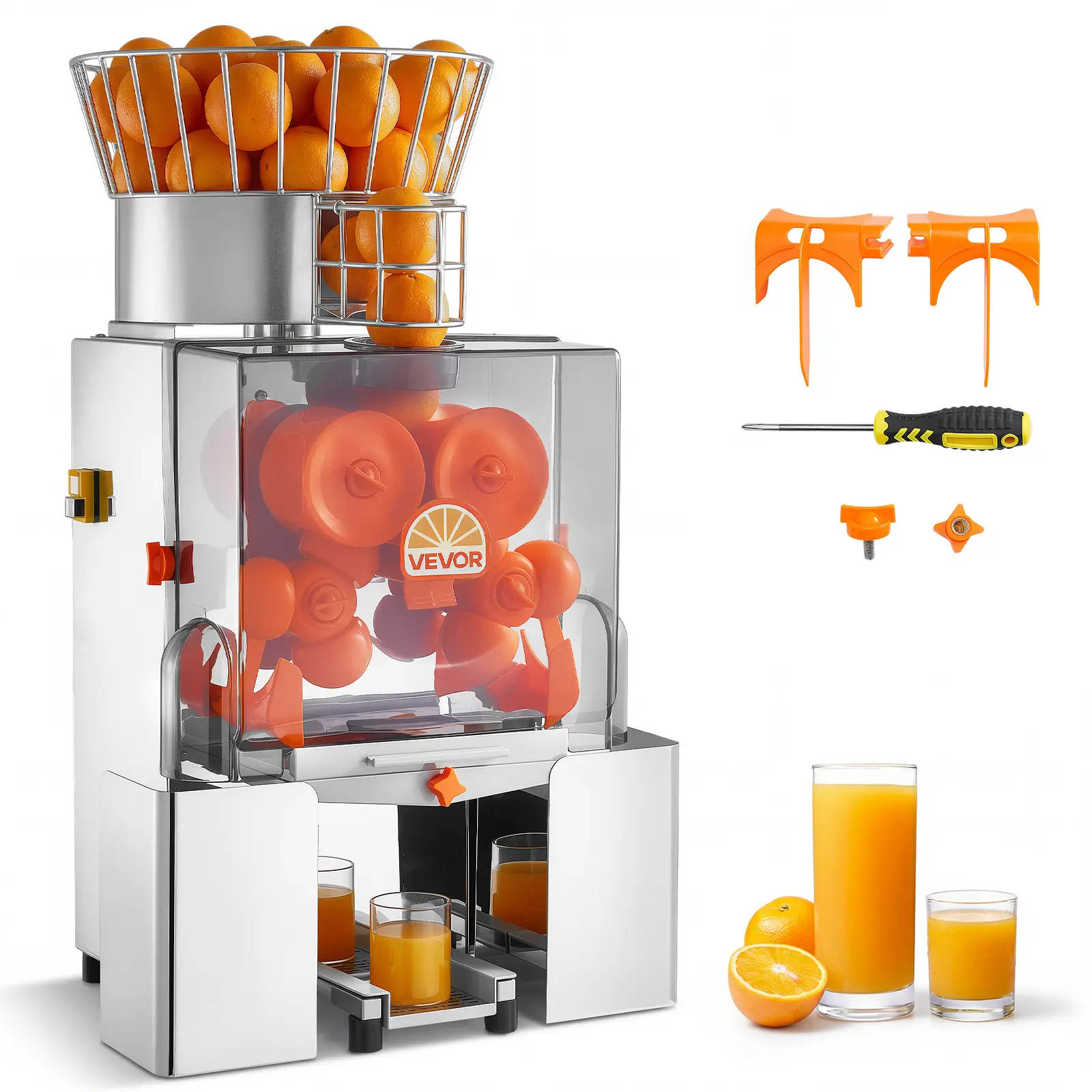 VEVOR Commercial Orange Juicer Machine, 120W Electric Automatic Orange Squeezer, Lemon Citrus Pomegranates Extractor for 20 per Minute, Stainless Steel, with Peel Collecting Bucket, PC Cover