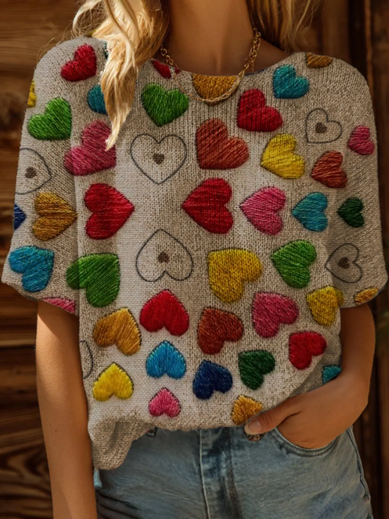 Spring Summer Knit Top, Fitted, One Shoulder Sleeveless, Colorblock Embroidered Heart Print, Short Sleeves, Women's Casual Elegance Knitwear