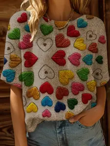 Spring Summer Knit Top, Fitted, One Shoulder Sleeveless, Colorblock Embroidered Heart Print, Short Sleeves, Women's Casual Elegance Knitwear