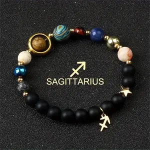 1 pc Universe Galaxy Eight Planets Twelve Constellations Bracelet for Women, Natural Stone Solar System Bracelet, Libra/Virgo/Leo Jewelry, Gold-Tone Stainless Steel Constellation Pendant Bracelet, Valentine’s Day Jewelry, Couples Gift