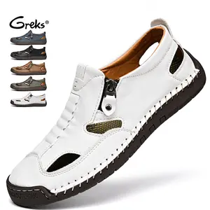 Men's Outdoor Sandals - Full Coverage Design, Faux Leather, Side Zipper for Easy Wear, Handmade Stitching, Lightweight & Breathable