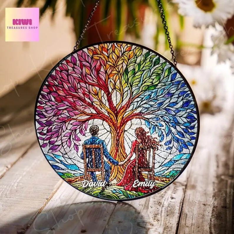 Personalized Couple GLASS Sun Catcher, Custom Couple Sun Catcher Ornament, Wedding Anniversary Gift, Valentine Gift, Keepsake Gift For Her