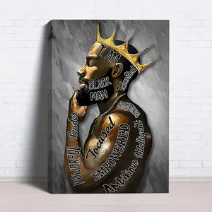 1pcs Room decor 1pc black Men's Crown canvas wall art print, frameless inspirational quote painting, ready to hang home and bedroom decor, empowerments letterpress Poster Wood Kitchen Box