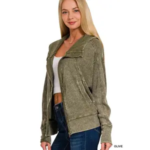 Zenana ACID WASH COTTON WAFFLE HOODED ZIP-UP JACKET