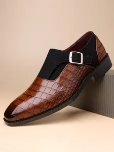 Men's Low-Top Round Toe Crocodile Embossed Buckle PU Leather Shoes, Rubber Sole Anti-Slip Flat Business Casual Office Walking Shoes