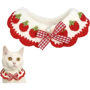 Cat Collar Breakaway, Kitten Collar with Cute Bow Tie Strawberry Pattern Comfortable for Kitty and Small Puppies, Bandana Fits Neck 2-3 Inches (White)