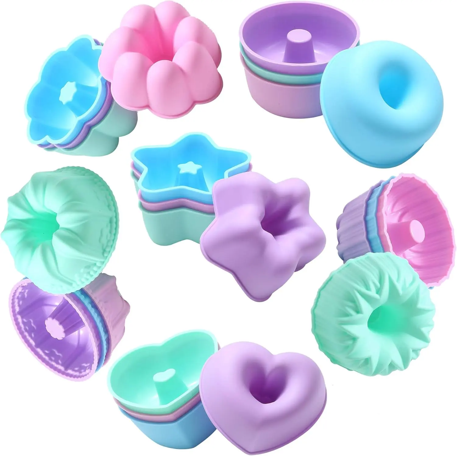 24Pcs 3-Inch Food Grade Non-Stick Flexible Fun Shapes Silicone Cupcake Baking Molds (6 Shapes), Oven-Safe Home Improvement Baking Equipment, Reusable Kitchenware for Birthday, Coffee & Baked Goods